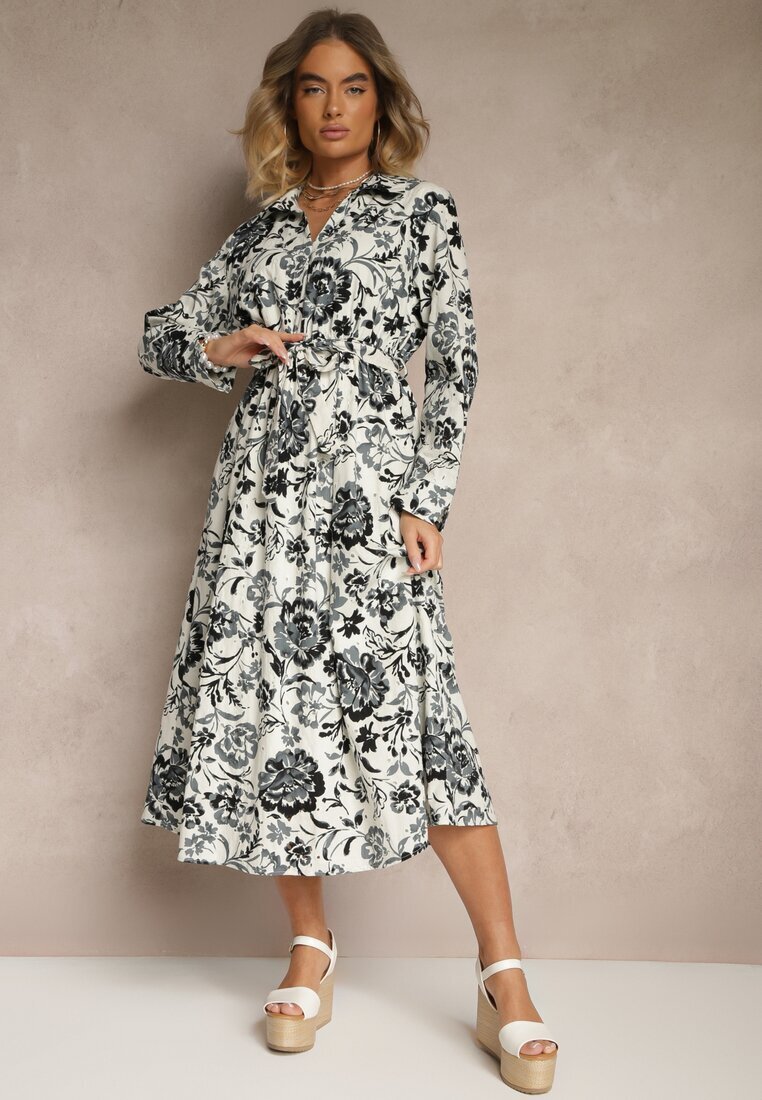 m&d fashion Rochie albastră de viscoză cu imprimeu floral tip cămașă cu curea Zelkiona