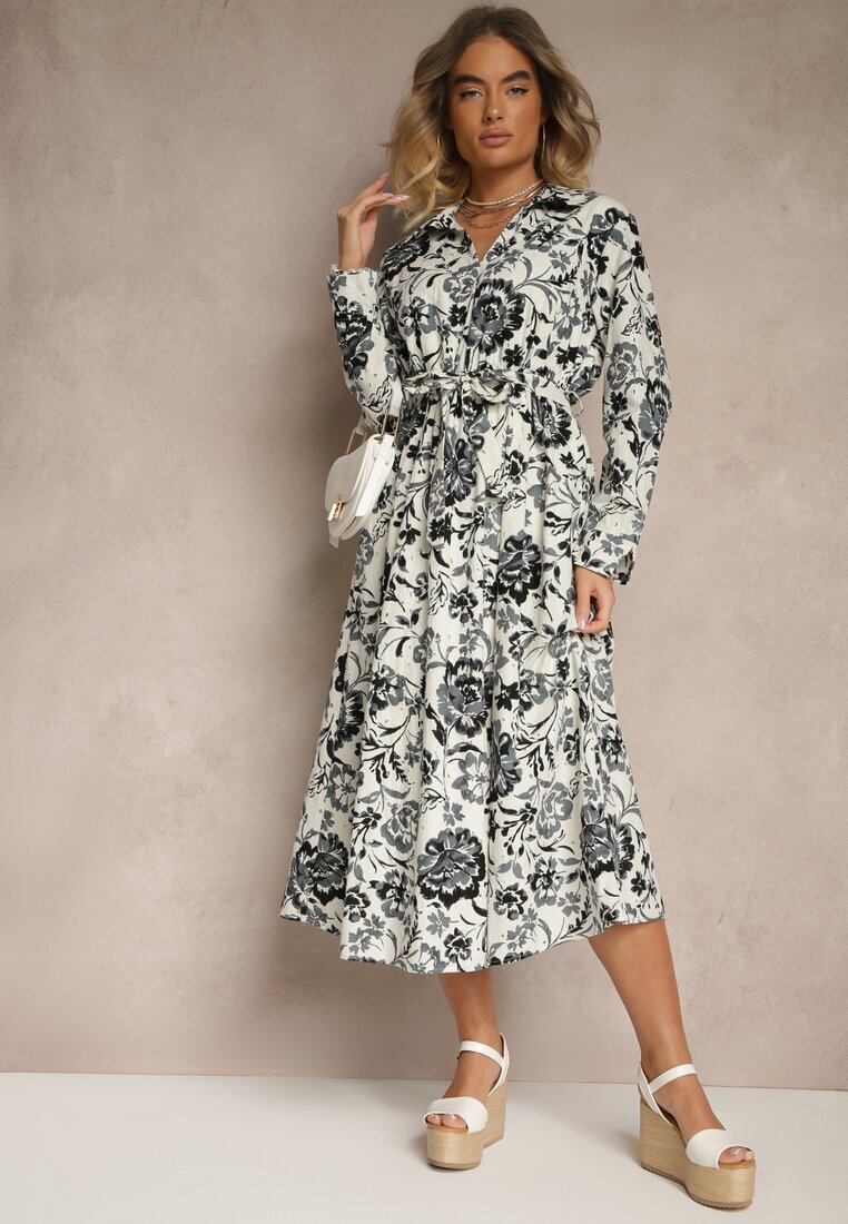 m&d fashion Rochie albastră de viscoză cu imprimeu floral tip cămașă cu curea Zelkiona