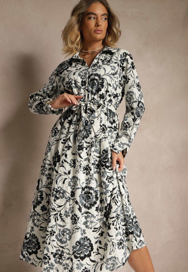 m&d fashion Rochie albastră de viscoză cu imprimeu floral tip cămașă cu curea Zelkiona
