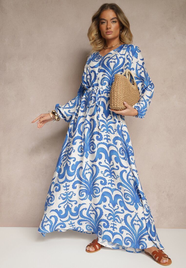 m&d fashion Rochie Albastră din Viscoză cu Croială Evazată cu Imprimeu Abstract Ridirinda