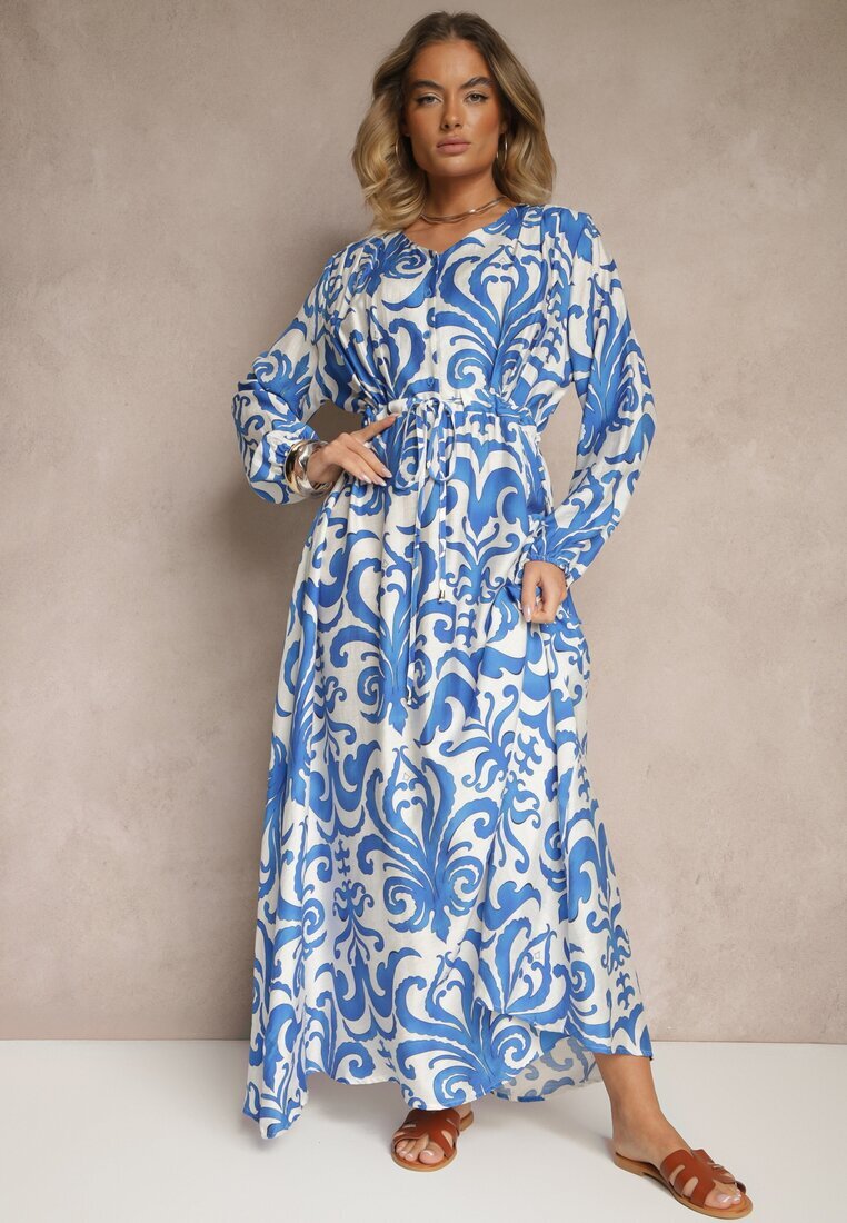 m&d fashion Rochie Albastră din Viscoză cu Croială Evazată cu Imprimeu Abstract Ridirinda
