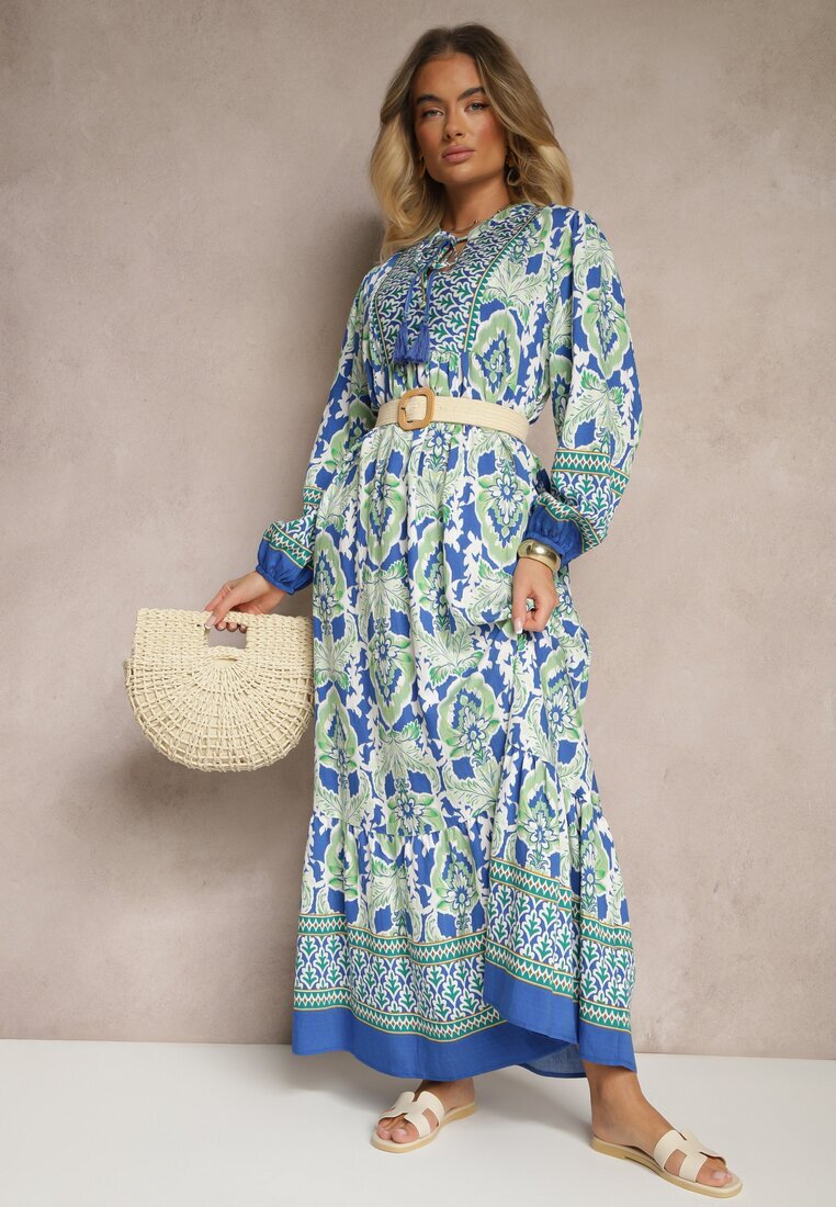 m&d fashion Rochie Albastru-Verde Evazată cu Model Ornamental Decorată cu Legătură cu Ciucuri Ridira