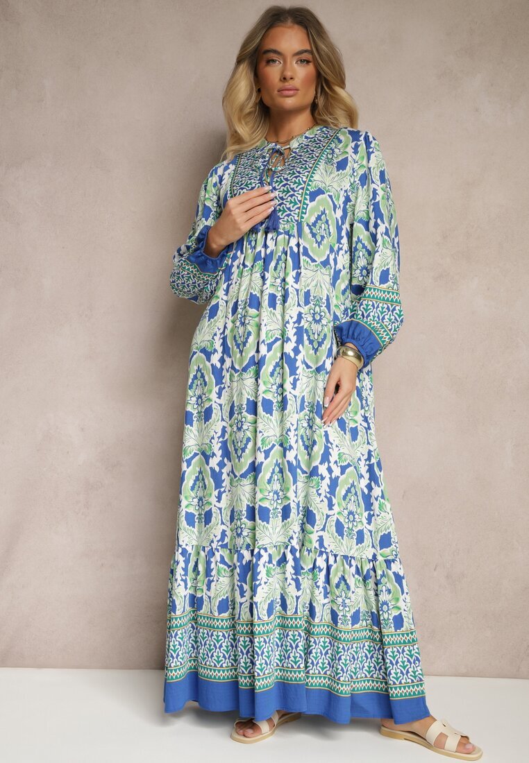 m&d fashion Rochie Albastru-Verde Evazată cu Model Ornamental Decorată cu Legătură cu Ciucuri Ridira