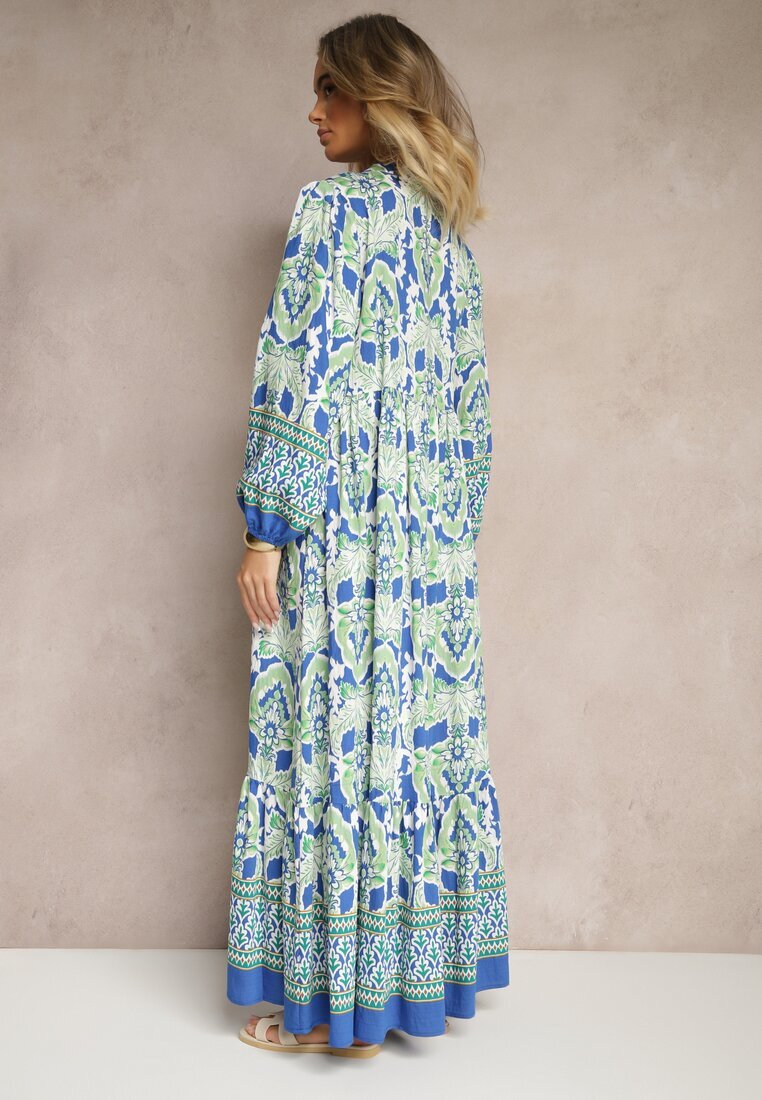 m&d fashion Rochie Albastru-Verde Evazată cu Model Ornamental Decorată cu Legătură cu Ciucuri Ridira