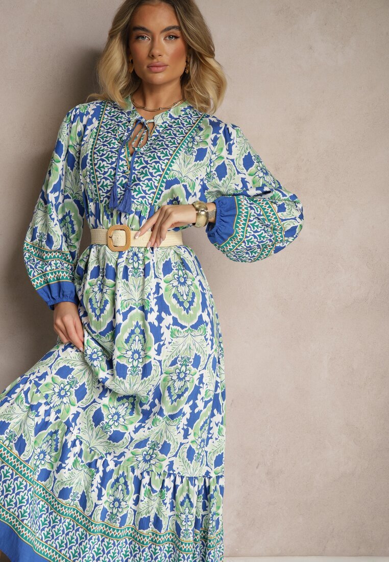 m&d fashion Rochie Albastru-Verde Evazată cu Model Ornamental Decorată cu Legătură cu Ciucuri Ridira