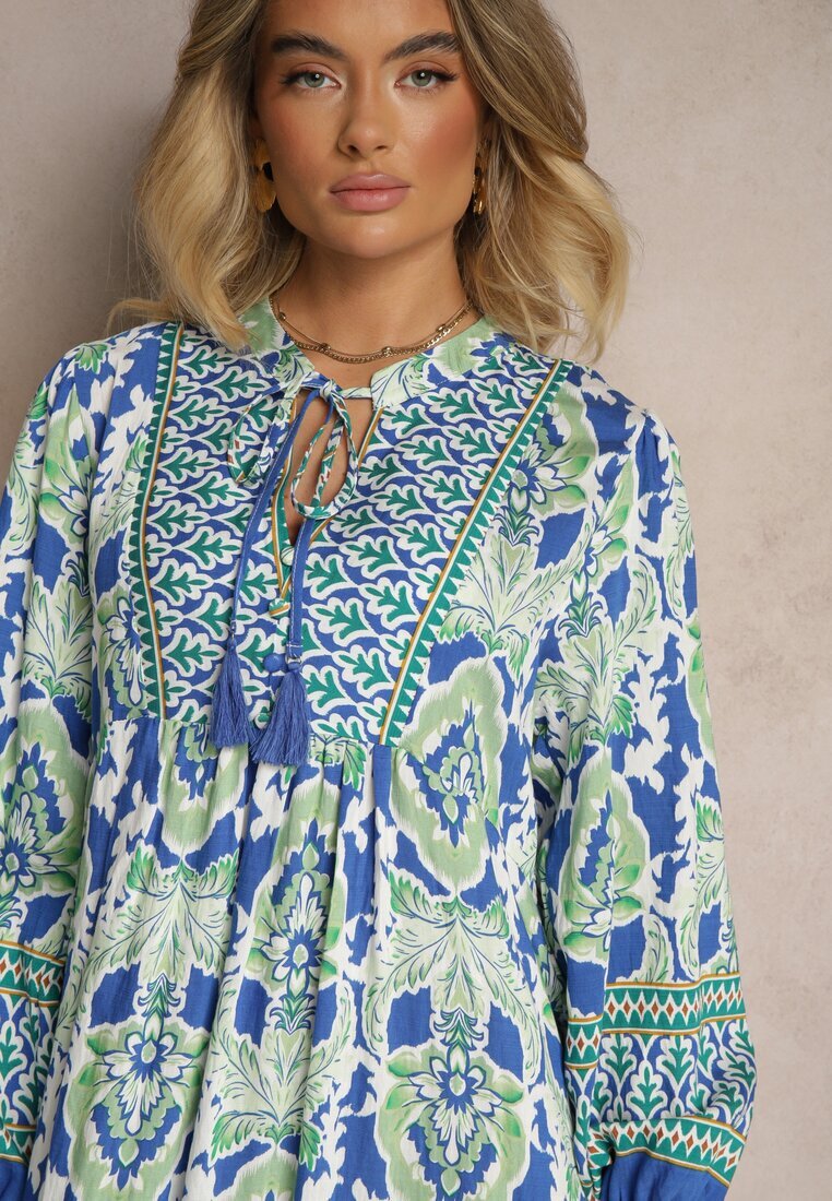 m&d fashion Rochie Albastru-Verde Evazată cu Model Ornamental Decorată cu Legătură cu Ciucuri Ridira