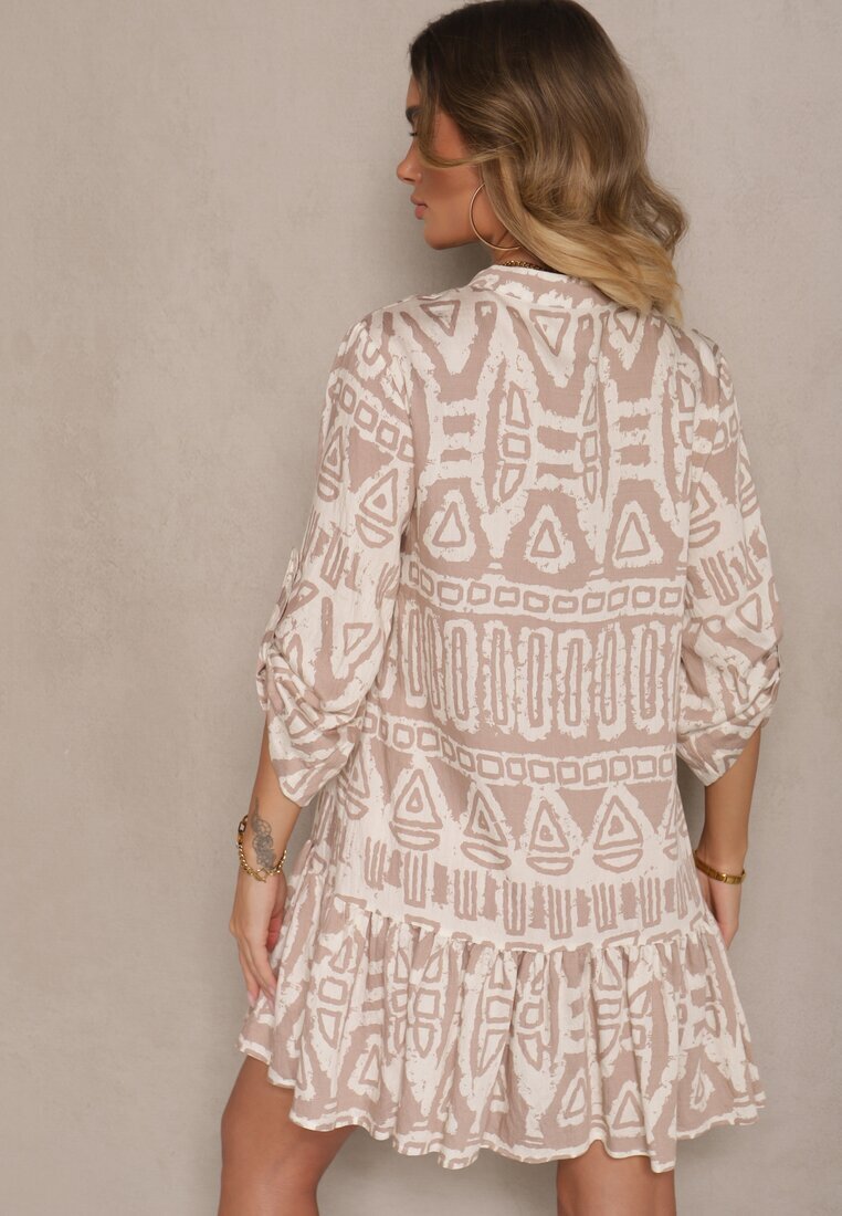 m&d fashion Rochie bej cloș din viscoză cu imprimeu etnic cu legătură cu ciucuri Ravpio