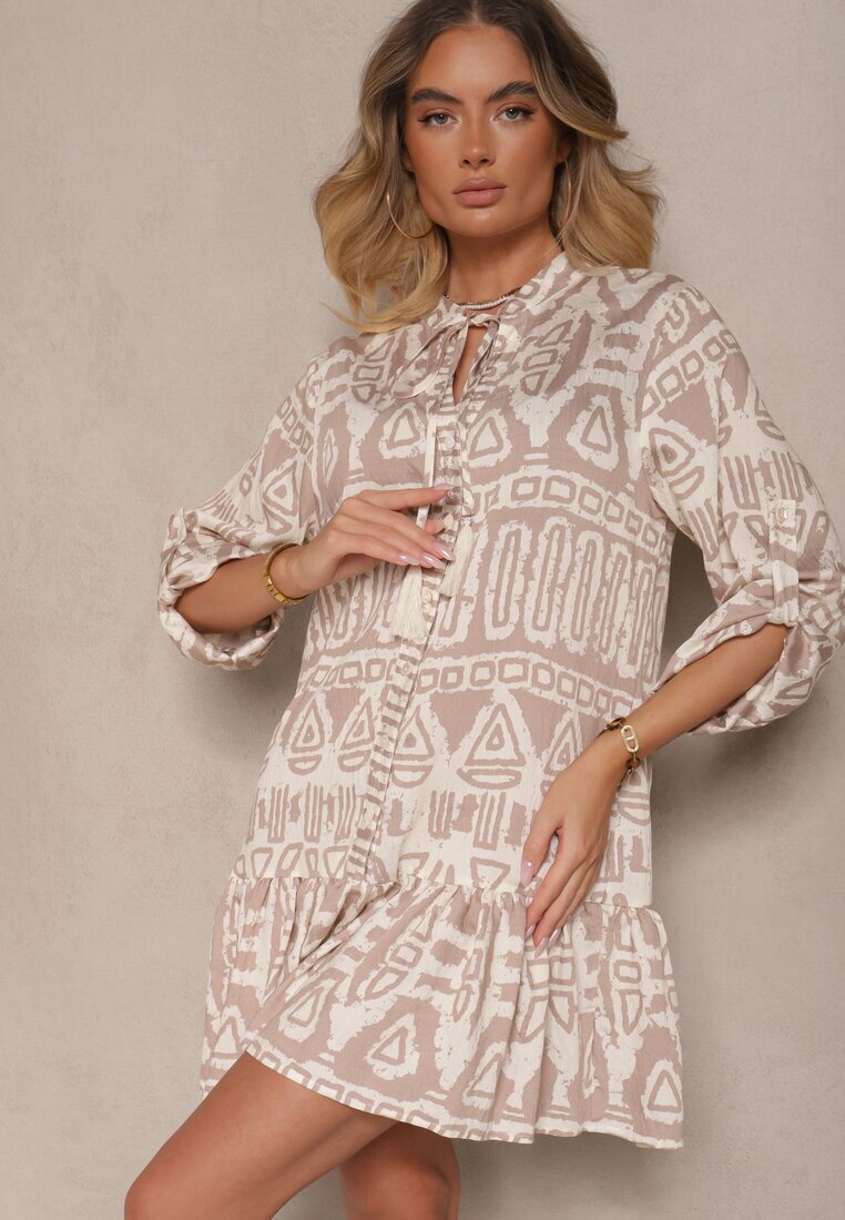 m&d fashion Rochie bej cloș din viscoză cu imprimeu etnic cu legătură cu ciucuri Ravpio