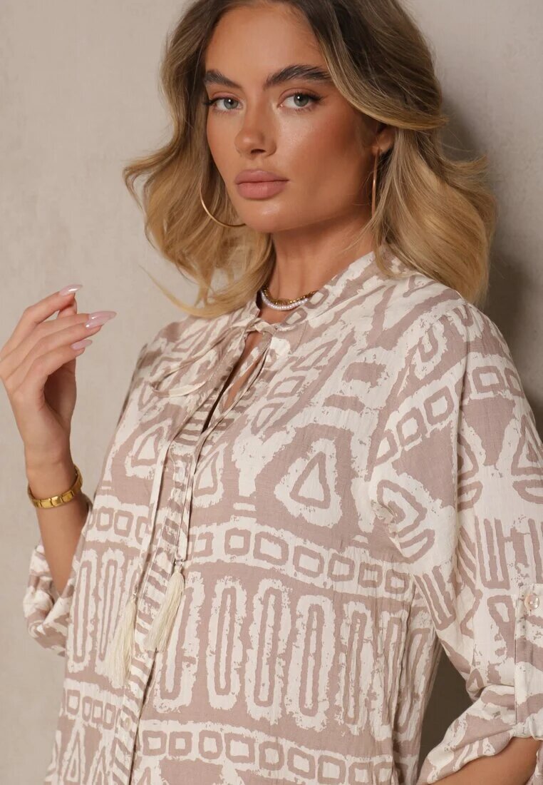 m&d fashion Rochie bej cloș din viscoză cu imprimeu etnic cu legătură cu ciucuri Ravpio