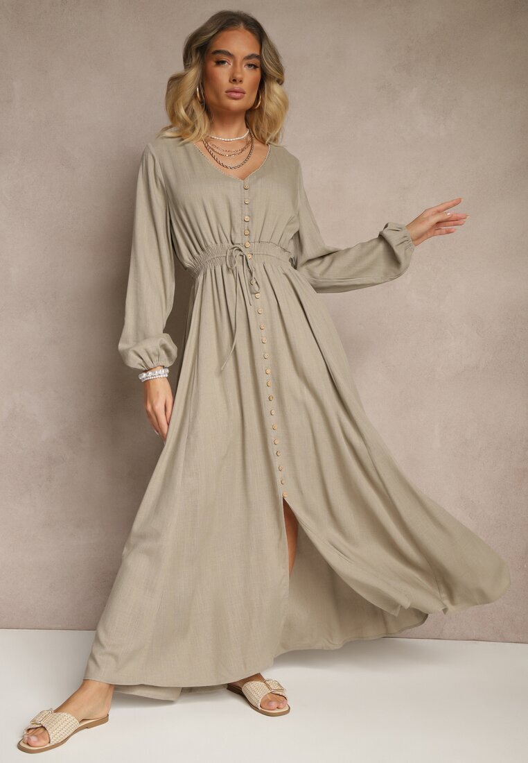 m&d fashion Rochie bej cu in și viscoză cu croială evazată cu nasturi decorativi Maitena