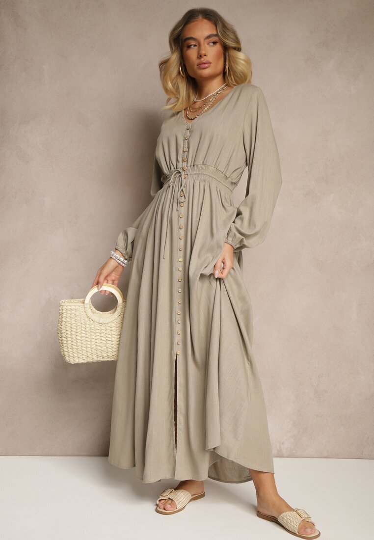 m&d fashion Rochie bej cu in și viscoză cu croială evazată cu nasturi decorativi Maitena
