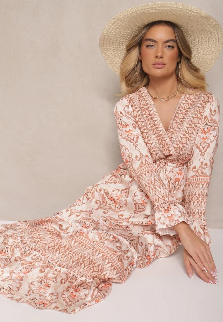 m&d fashion Rochie Bej cu Viscoză cu Croială Evazată cu Volane cu Imprimeu Etnic Korimira