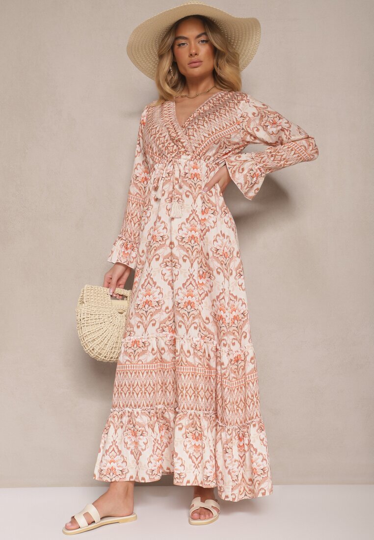 m&d fashion Rochie Bej cu Viscoză cu Croială Evazată cu Volane cu Imprimeu Etnic Korimira