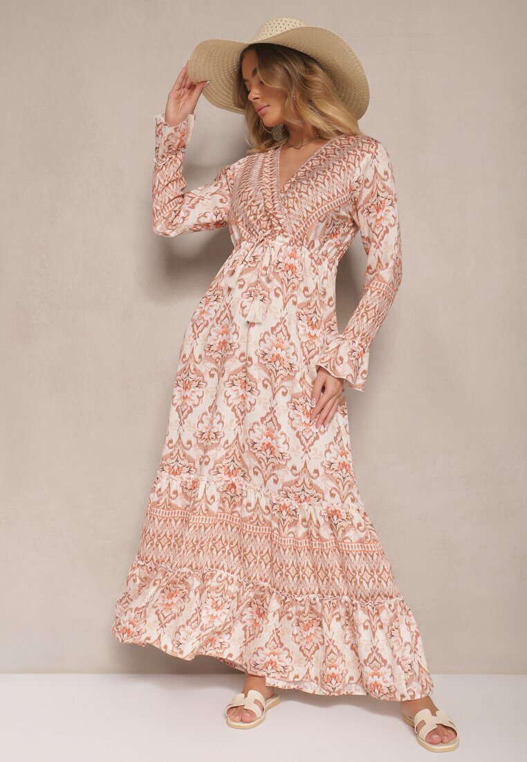 m&d fashion Rochie Bej cu Viscoză cu Croială Evazată cu Volane cu Imprimeu Etnic Korimira