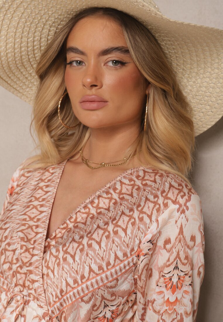 m&d fashion Rochie Bej cu Viscoză cu Croială Evazată cu Volane cu Imprimeu Etnic Korimira