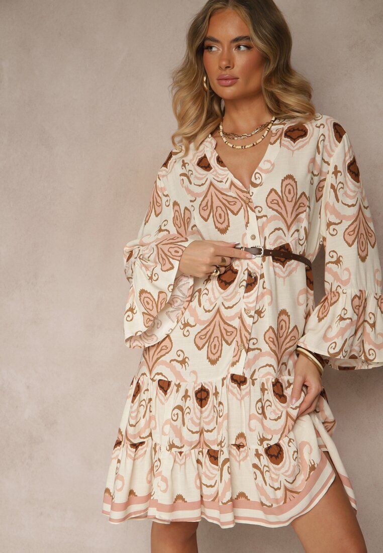 m&d fashion Rochie Bej deschis Cloș din Viscoză cu imprimeu etnic Pasiretia