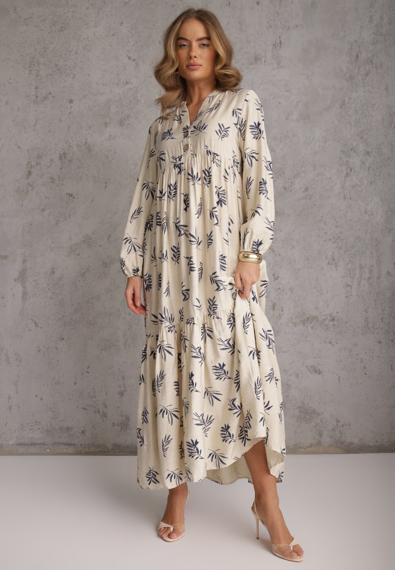 m&d fashion Rochie bej deschis din vâscoză cu croială amplă cu nasturi la decolteu Seave