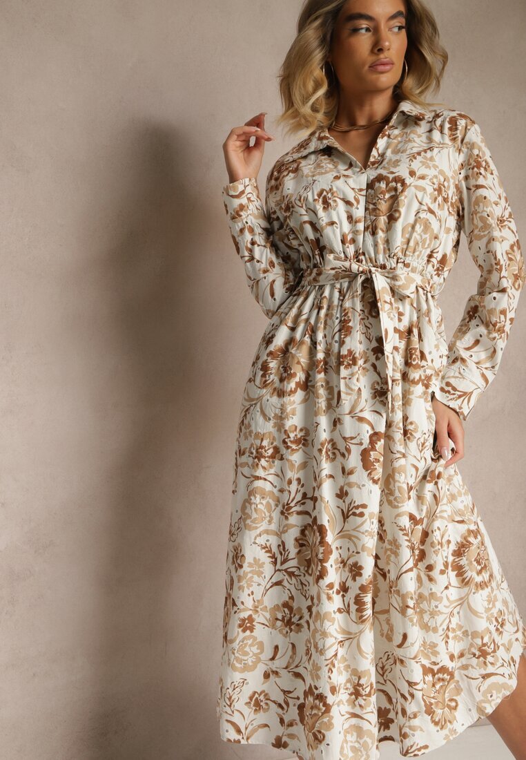 m&d fashion Rochie bej deschis din viscoză cu imprimeu floral stil cămașă cu centură Zelkiona