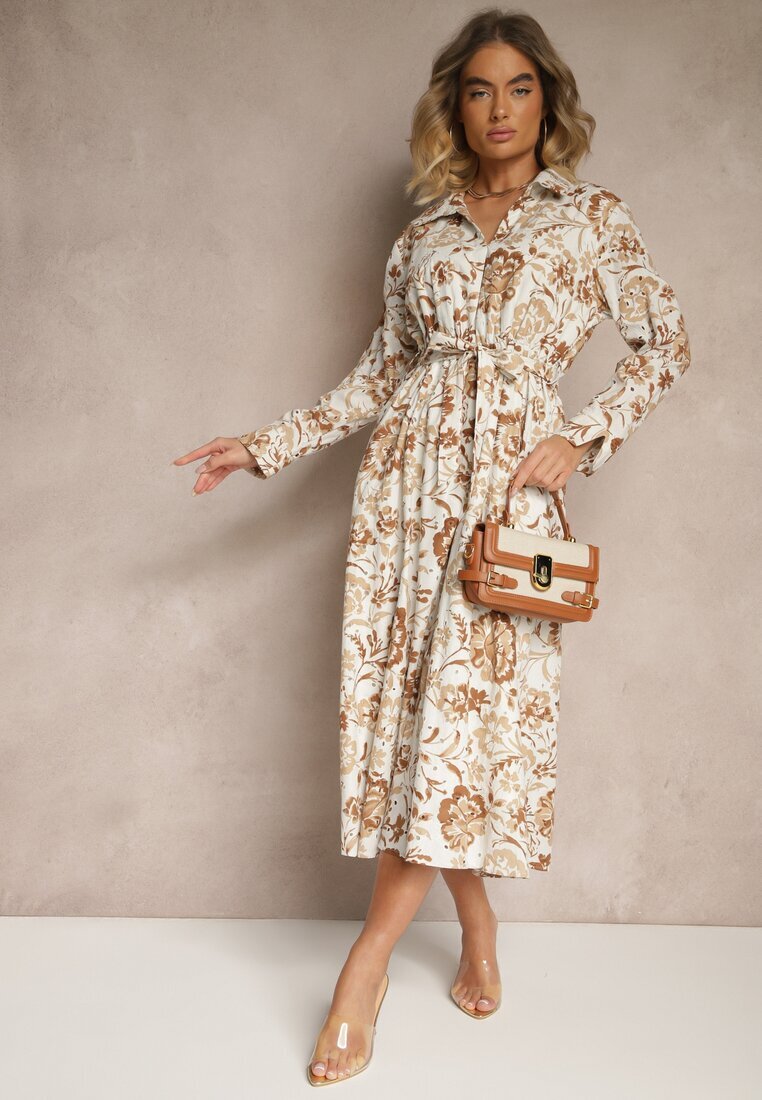 m&d fashion Rochie bej deschis din viscoză cu imprimeu floral stil cămașă cu centură Zelkiona