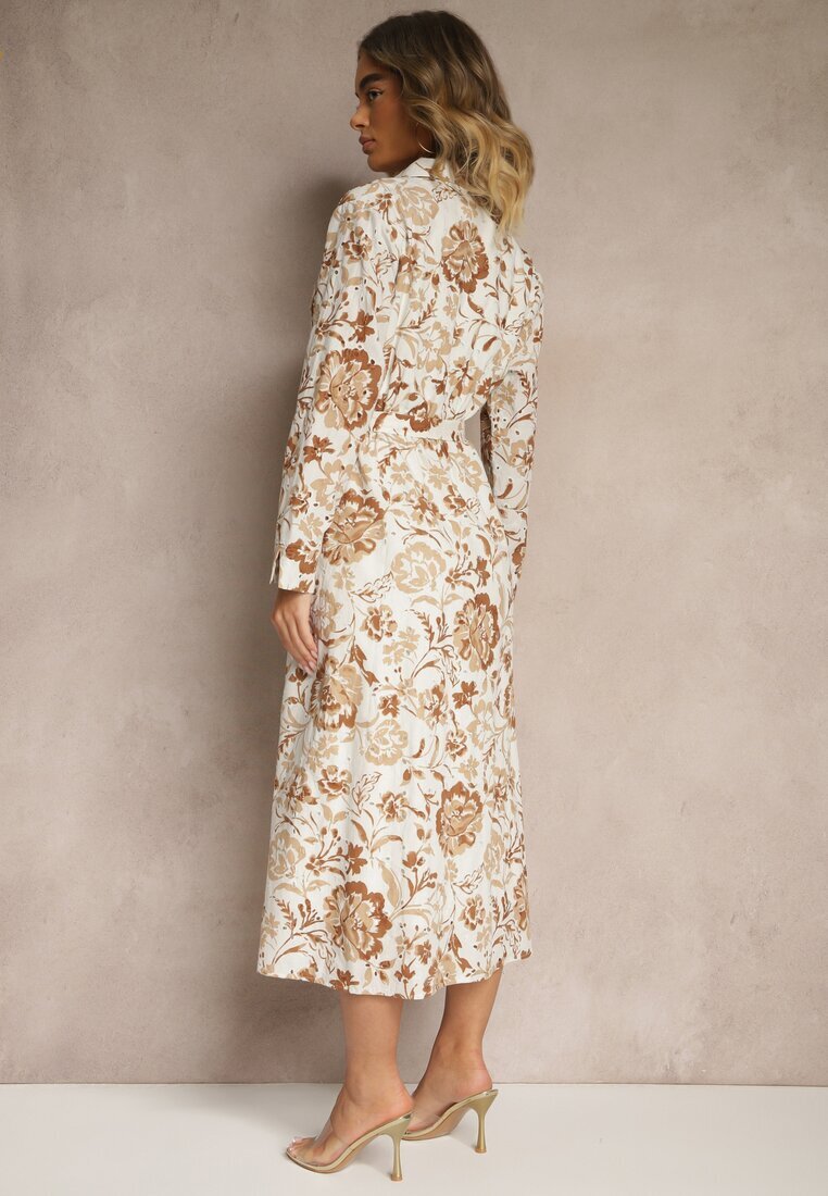 m&d fashion Rochie bej deschis din viscoză cu imprimeu floral stil cămașă cu centură Zelkiona