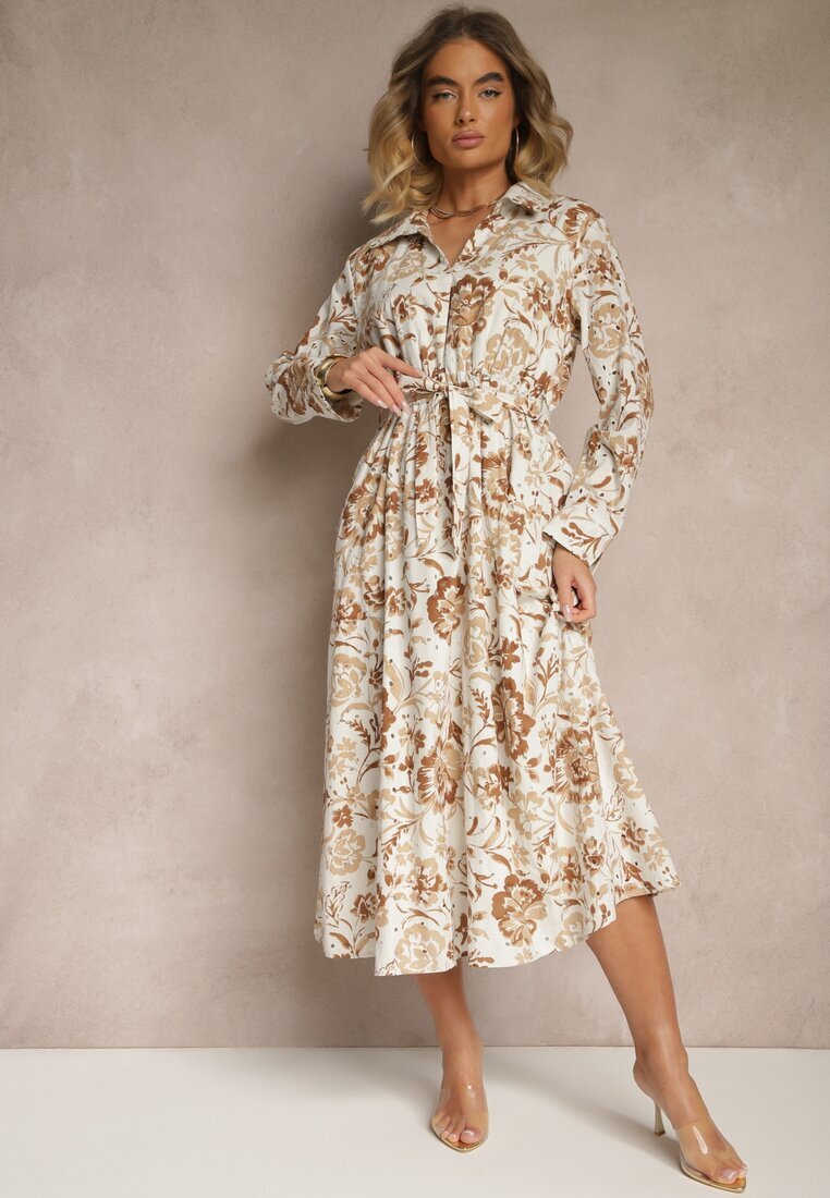 m&d fashion Rochie bej deschis din viscoză cu imprimeu floral stil cămașă cu centură Zelkiona