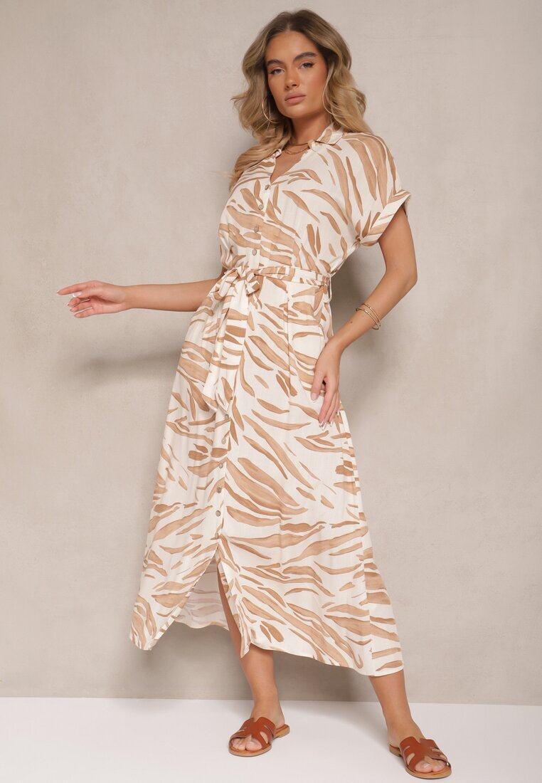 m&d fashion Rochie Bej deschisă de bumbac cu imprimeu zebră cu croială tip cămașă și cordon legat Florloti