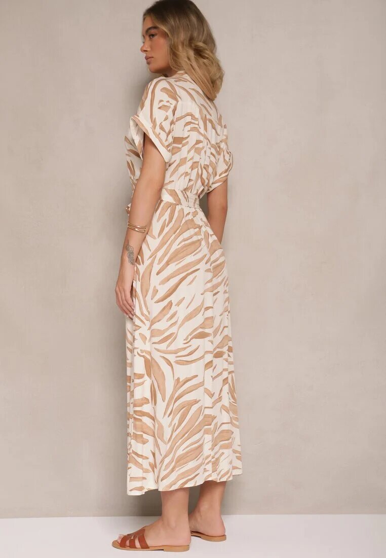 m&d fashion Rochie Bej deschisă de bumbac cu imprimeu zebră cu croială tip cămașă și cordon legat Florloti