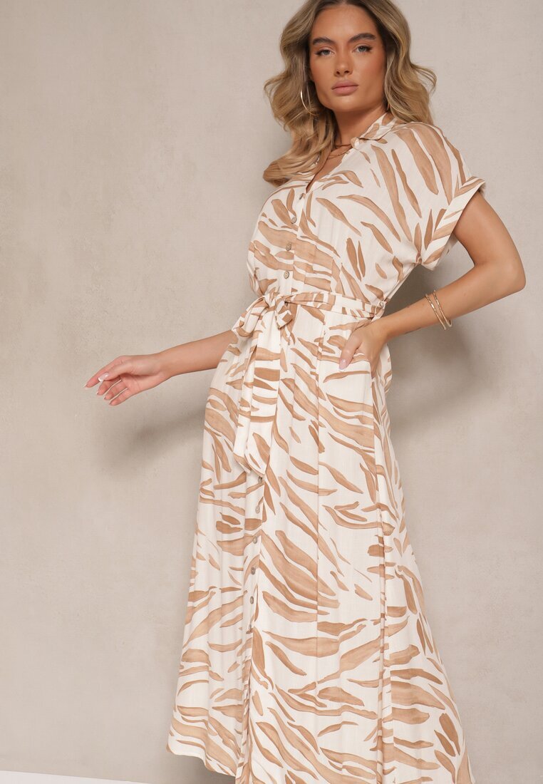 m&d fashion Rochie Bej deschisă de bumbac cu imprimeu zebră cu croială tip cămașă și cordon legat Florloti