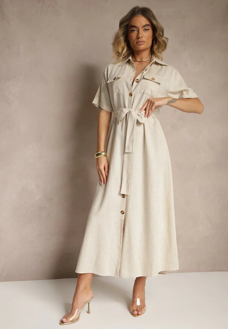 m&d fashion Rochie Bej din In și Viscoză cu croială tip cămașă Weolara