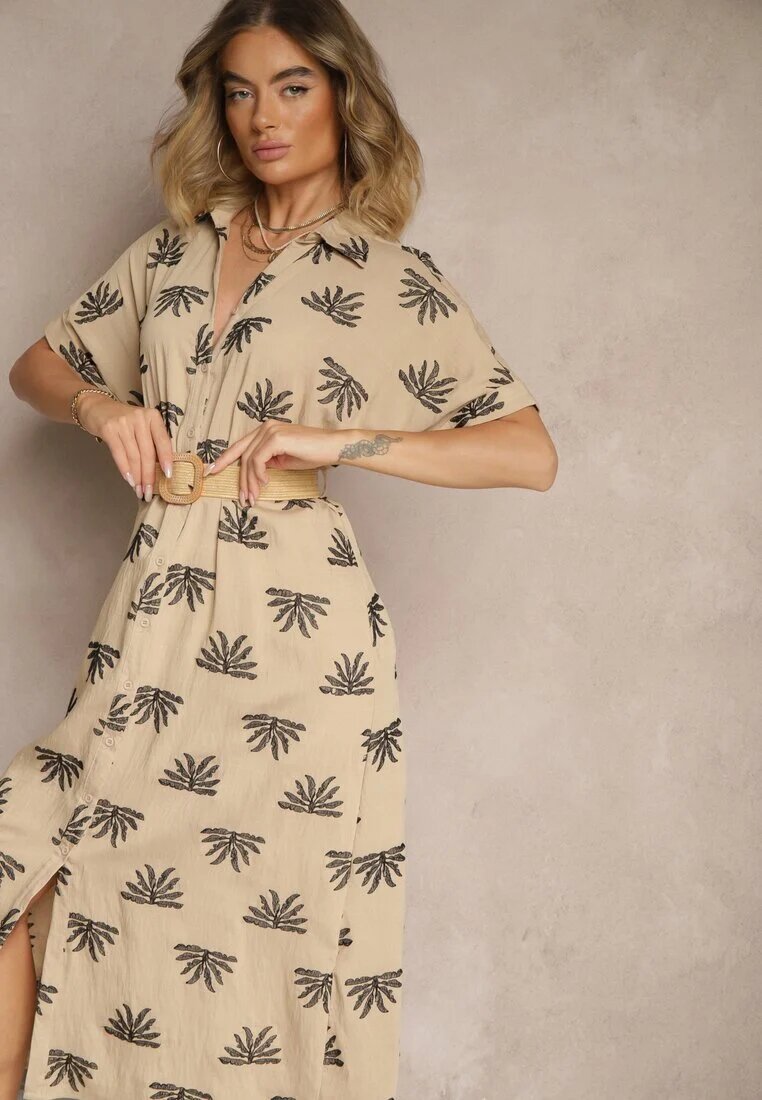 m&d fashion Rochie Bej din Viscoză cu croială tip cămașă cu broderie și curea cu cataramă Lioessa