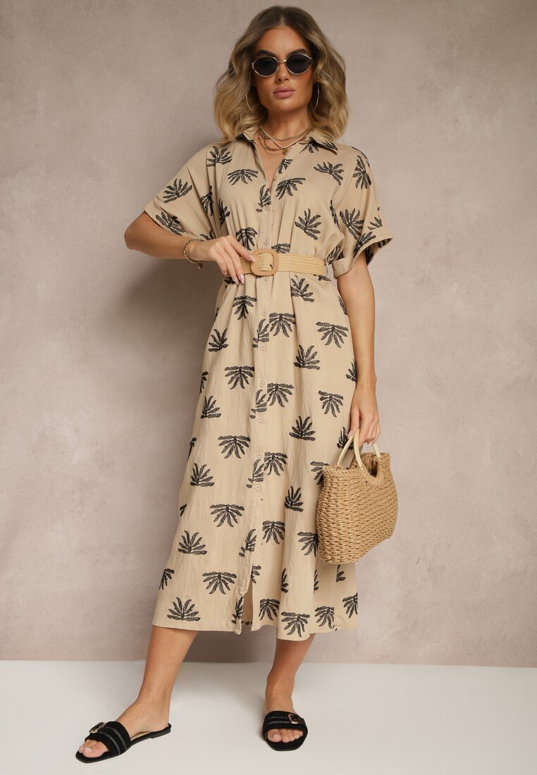 m&d fashion Rochie Bej din Viscoză cu croială tip cămașă cu broderie și curea cu cataramă Lioessa