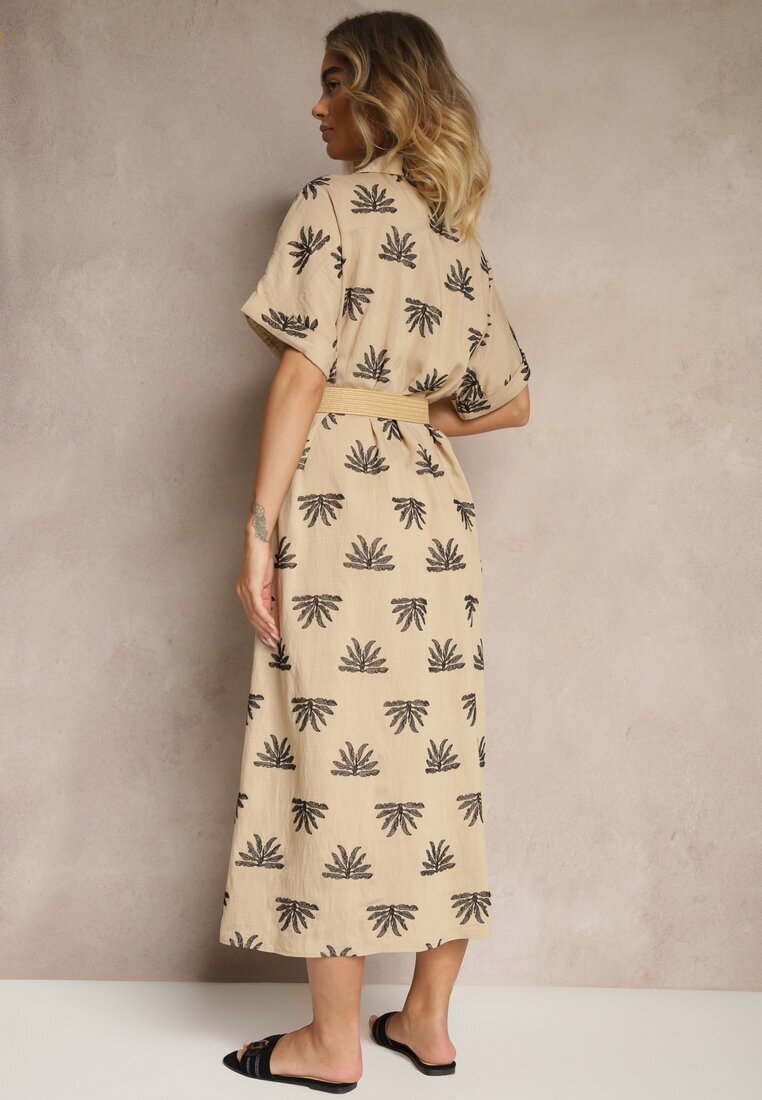 m&d fashion Rochie Bej din Viscoză cu croială tip cămașă cu broderie și curea cu cataramă Lioessa