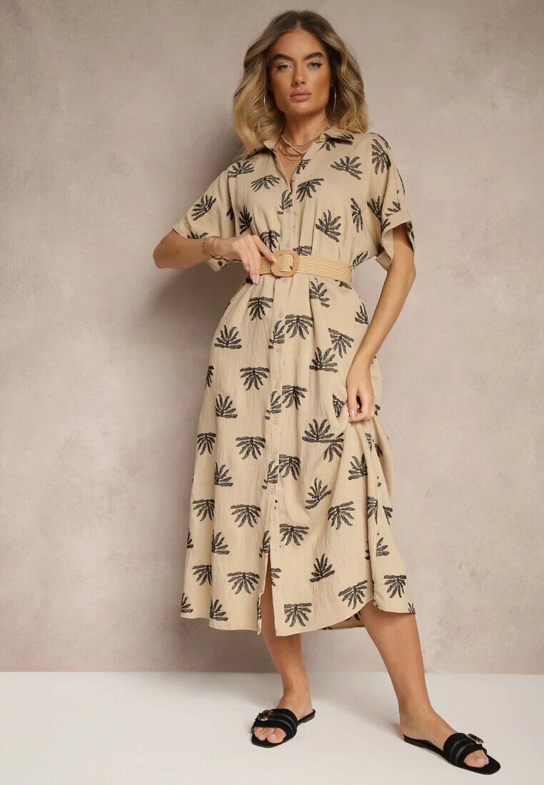 m&d fashion Rochie Bej din Viscoză cu croială tip cămașă cu broderie și curea cu cataramă Lioessa