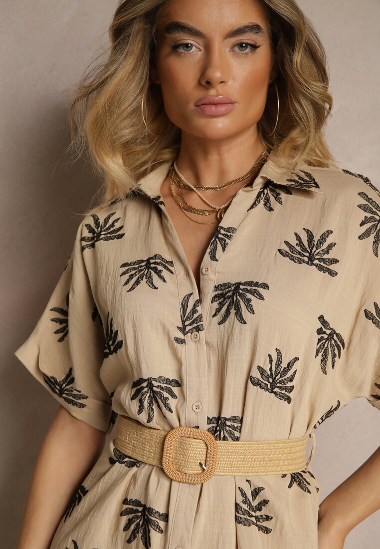 m&d fashion Rochie Bej din Viscoză cu croială tip cămașă cu broderie și curea cu cataramă Lioessa