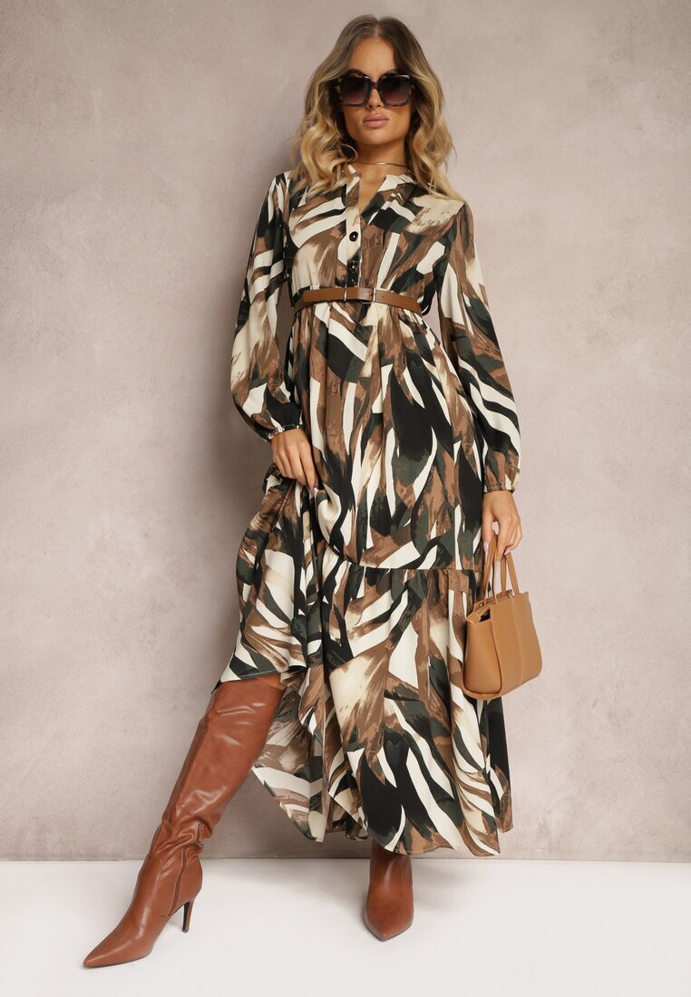 m&d fashion Rochie Bej-Maro Evazată tip Cămașă cu Imprimeu Abstract Asequa