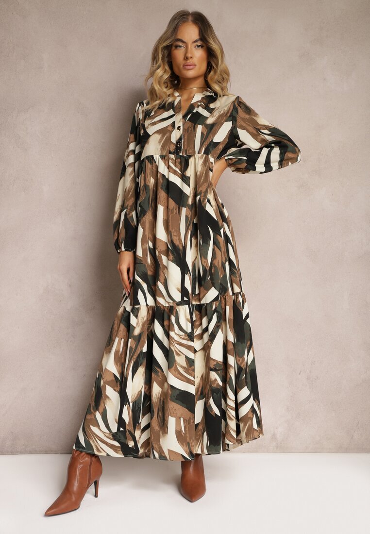 m&d fashion Rochie Bej-Maro Evazată tip Cămașă cu Imprimeu Abstract Asequa