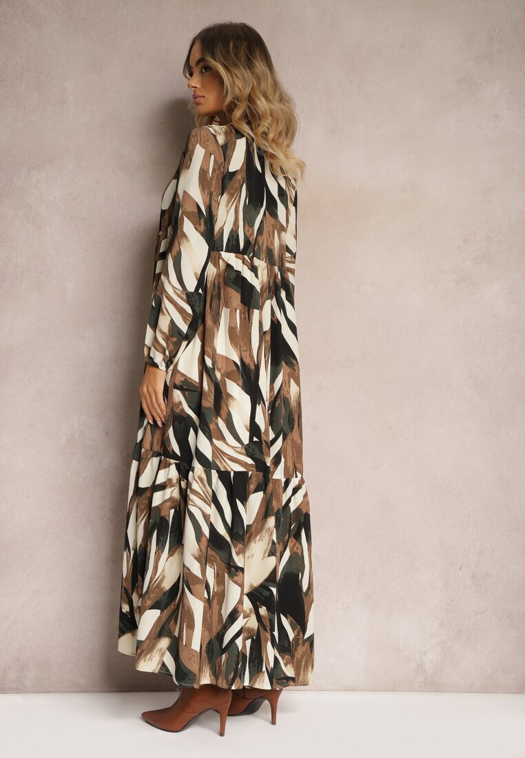 m&d fashion Rochie Bej-Maro Evazată tip Cămașă cu Imprimeu Abstract Asequa