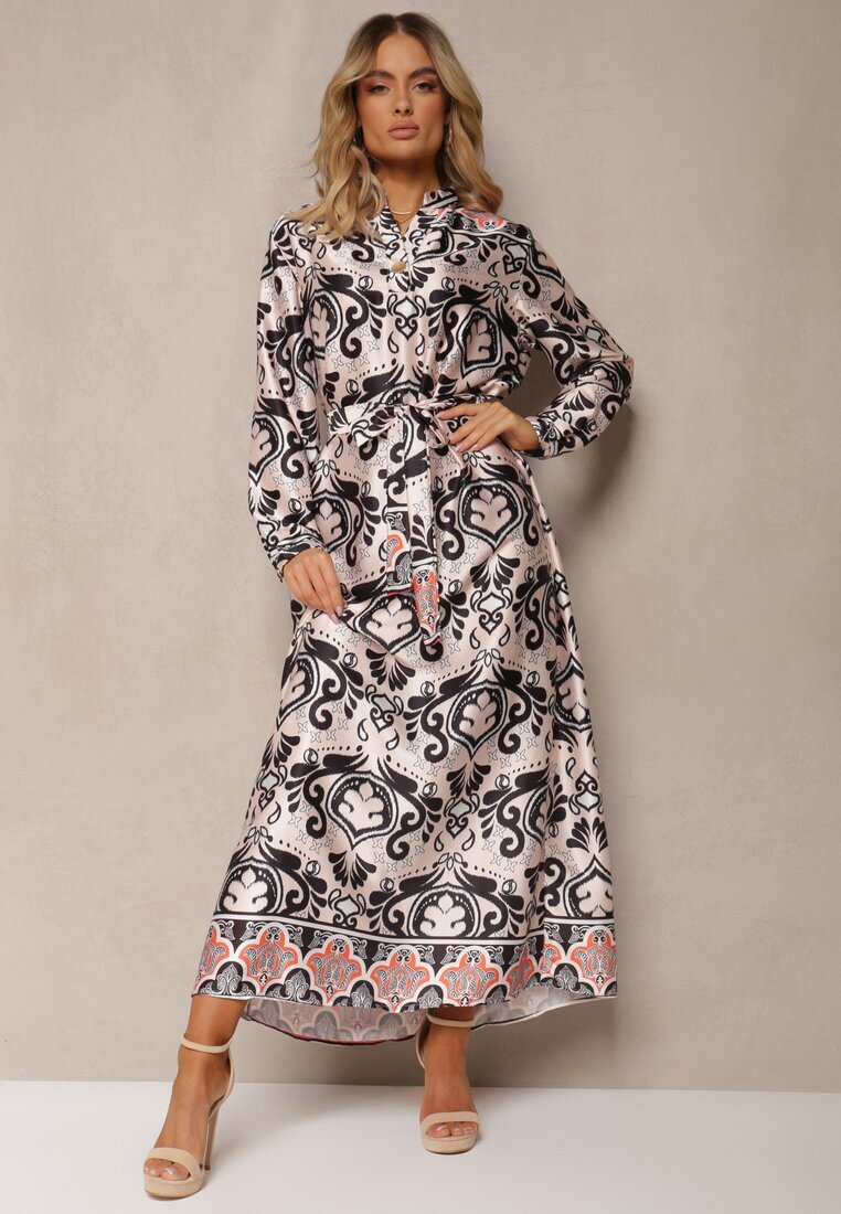 m&d fashion Rochie Bej-Neagră Satinată cu Model Ornamental cu Fason Tip Cutie Elirosa