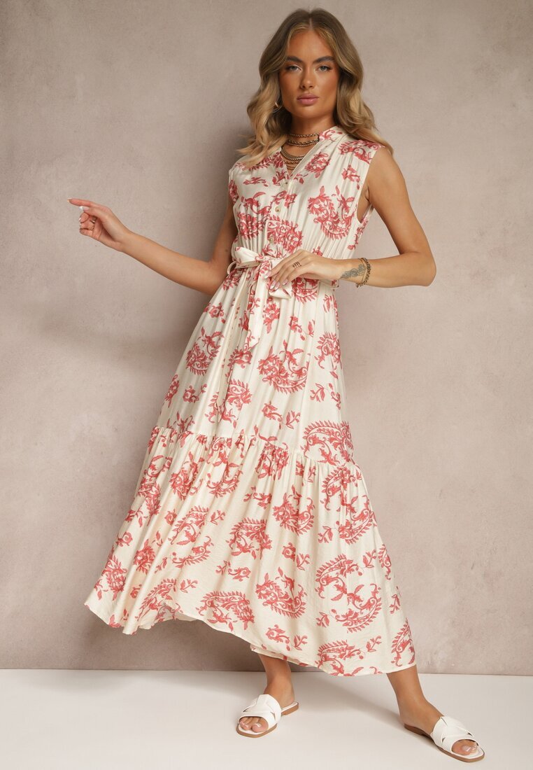 m&d fashion Rochie Bej-Roz din Viscoză cu curea și Model Abstract Rinalora