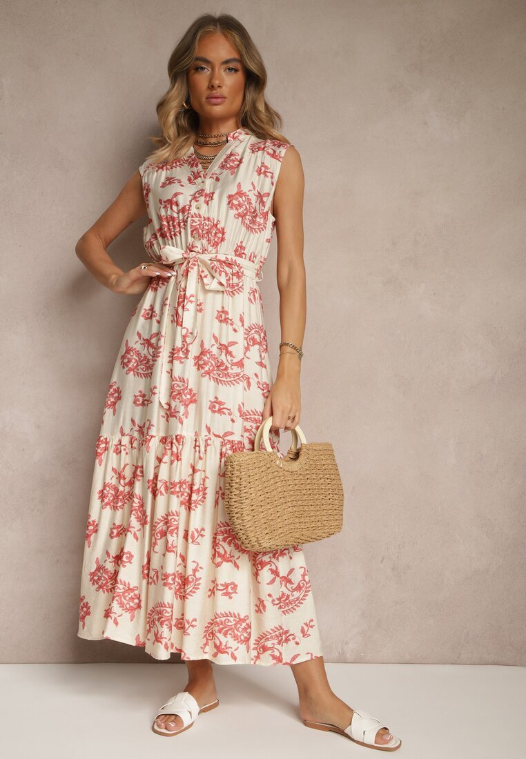 m&d fashion Rochie Bej-Roz din Viscoză cu curea și Model Abstract Rinalora