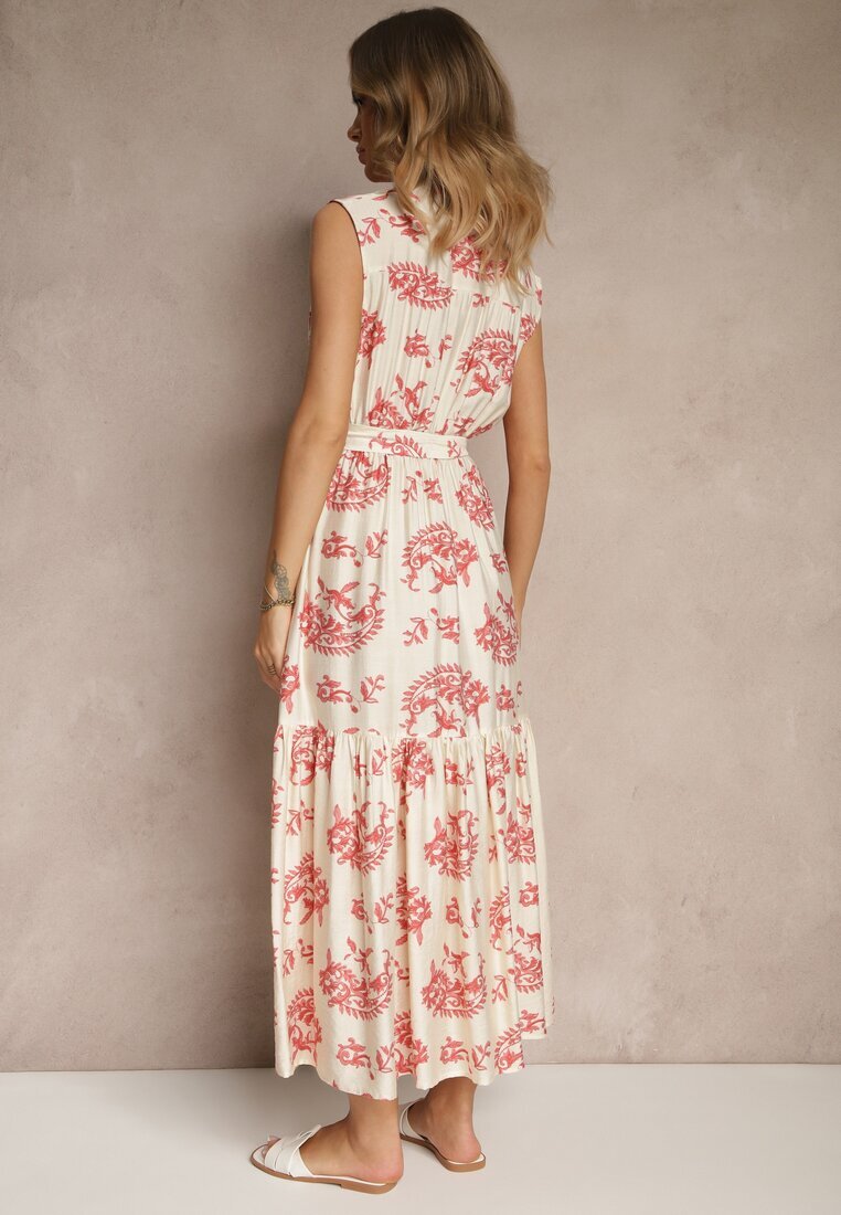 m&d fashion Rochie Bej-Roz din Viscoză cu curea și Model Abstract Rinalora