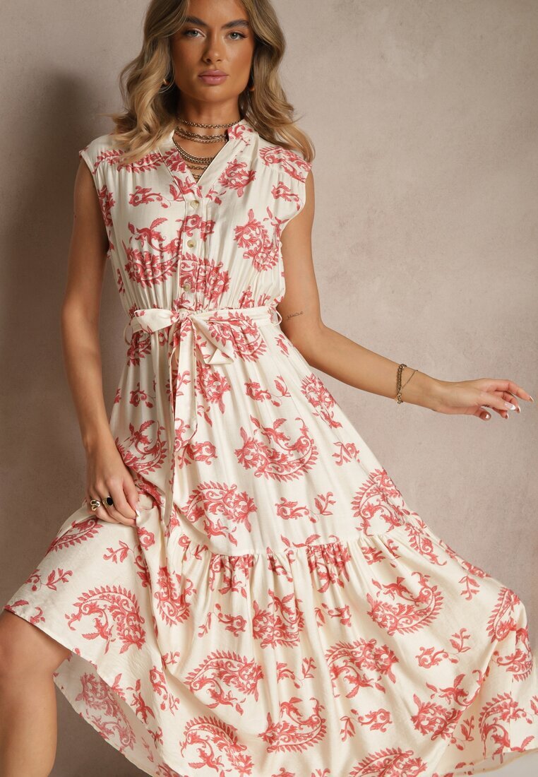 m&d fashion Rochie Bej-Roz din Viscoză cu curea și Model Abstract Rinalora