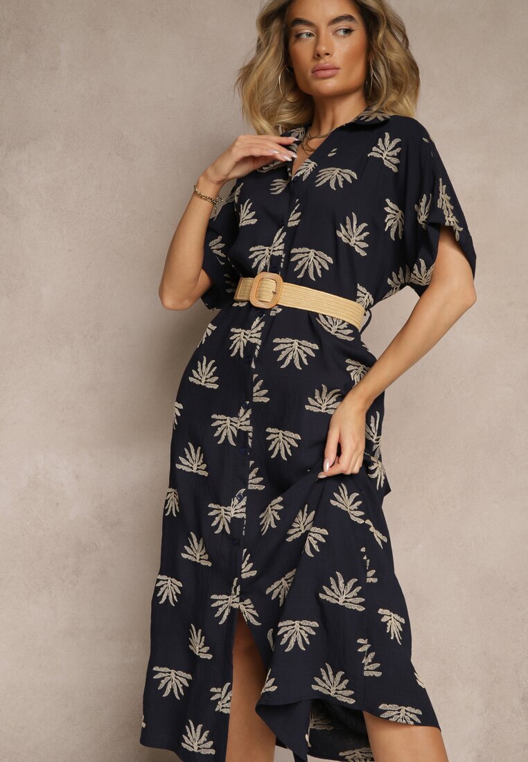 m&d fashion Rochie Bleumarin Din Viscoză Stil Cămașă cu Broderie și Curea cu Cataramă Lioessa