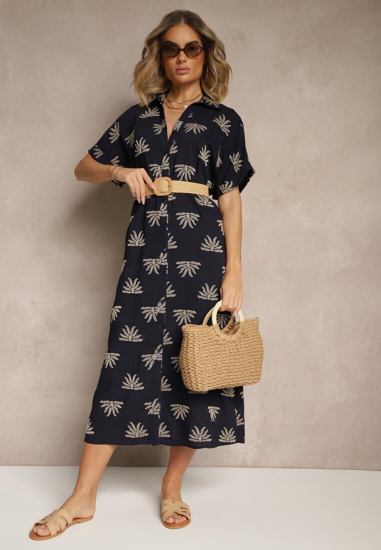 m&d fashion Rochie Bleumarin Din Viscoză Stil Cămașă cu Broderie și Curea cu Cataramă Lioessa