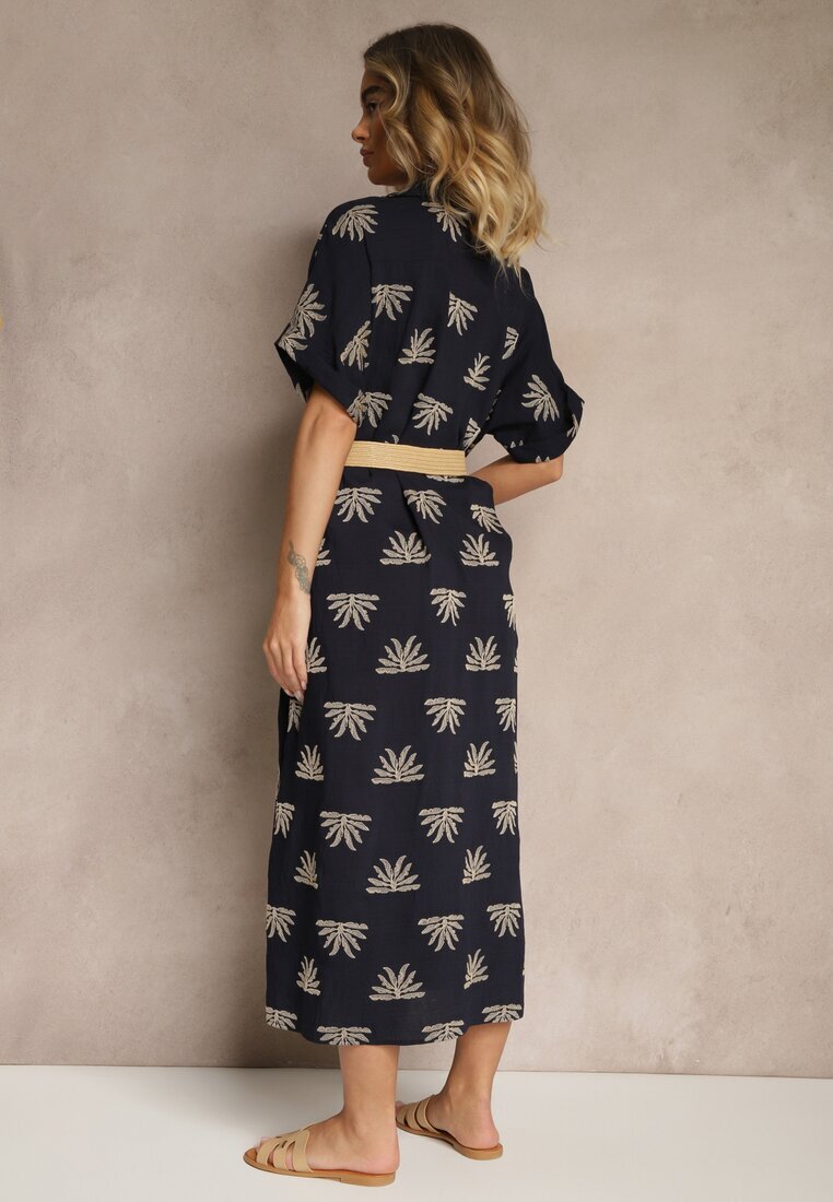 m&d fashion Rochie Bleumarin Din Viscoză Stil Cămașă cu Broderie și Curea cu Cataramă Lioessa