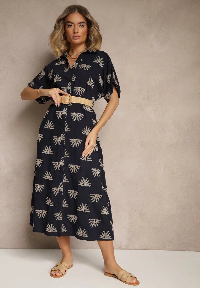 m&d fashion Rochie Bleumarin Din Viscoză Stil Cămașă cu Broderie și Curea cu Cataramă Lioessa