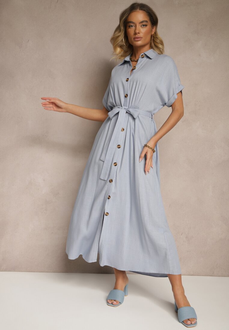 m&d fashion Rochie Cămașă Albastră din Vâscoză și In Decorată cu Curea Lunie