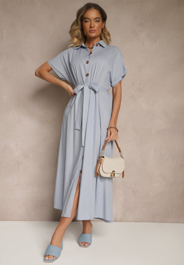 m&d fashion Rochie Cămașă Albastră din Vâscoză și In Decorată cu Curea Lunie