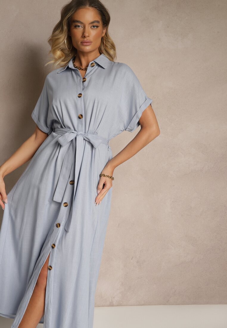 m&d fashion Rochie Cămașă Albastră din Vâscoză și In Decorată cu Curea Lunie