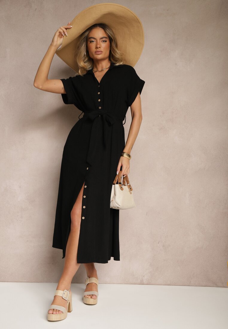 m&d fashion Rochie Cămașă Neagră de Bumbac cu Cordon Legat și Mânecă Scurtă Elannoria